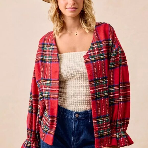BiBi Christmas Plaid V-Neck Flounce Sleeve Jacket - Picture 6 of 15